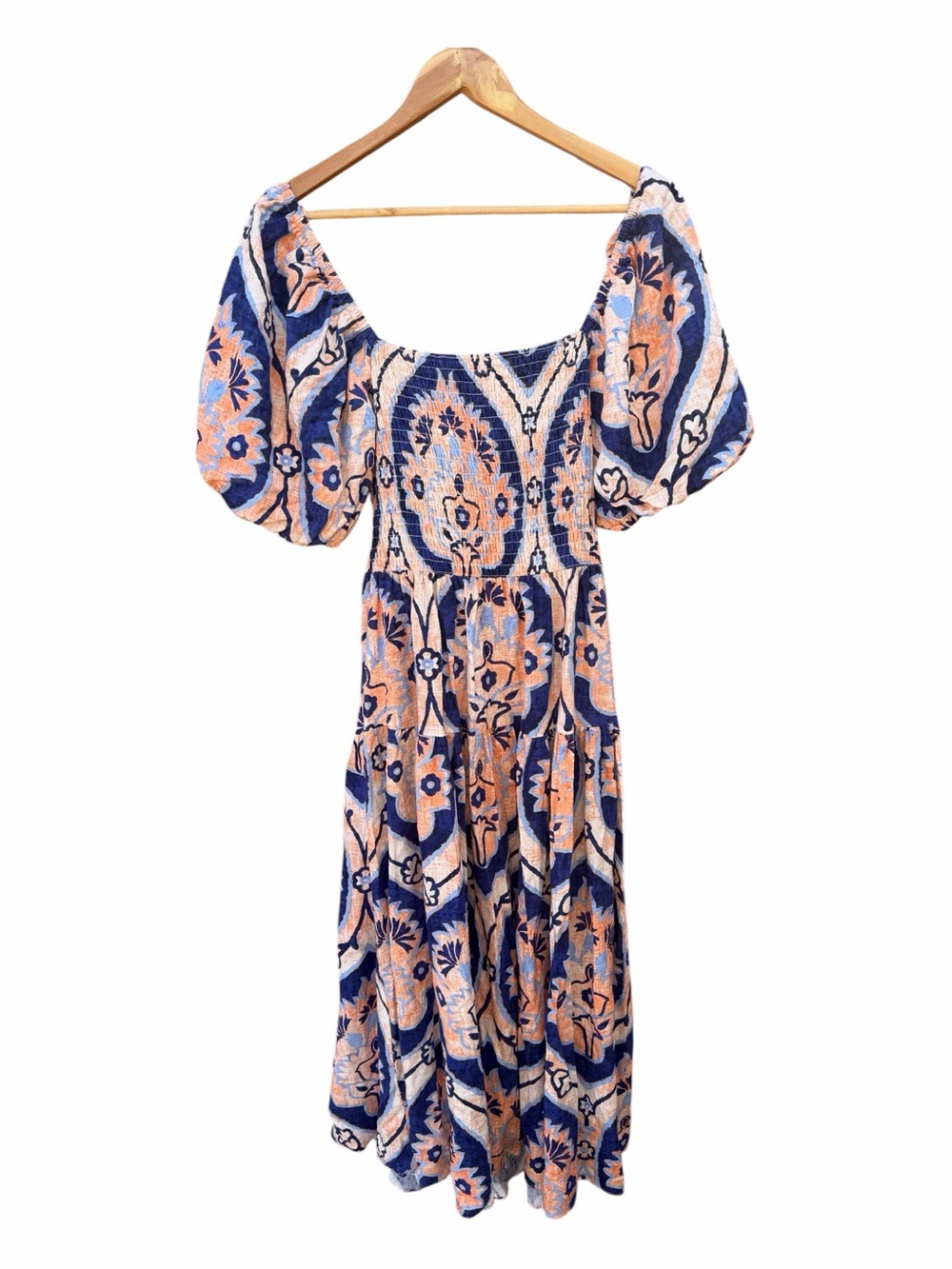 Moon River Navy and Peach Floral Puff-Sleeve Midi Dress